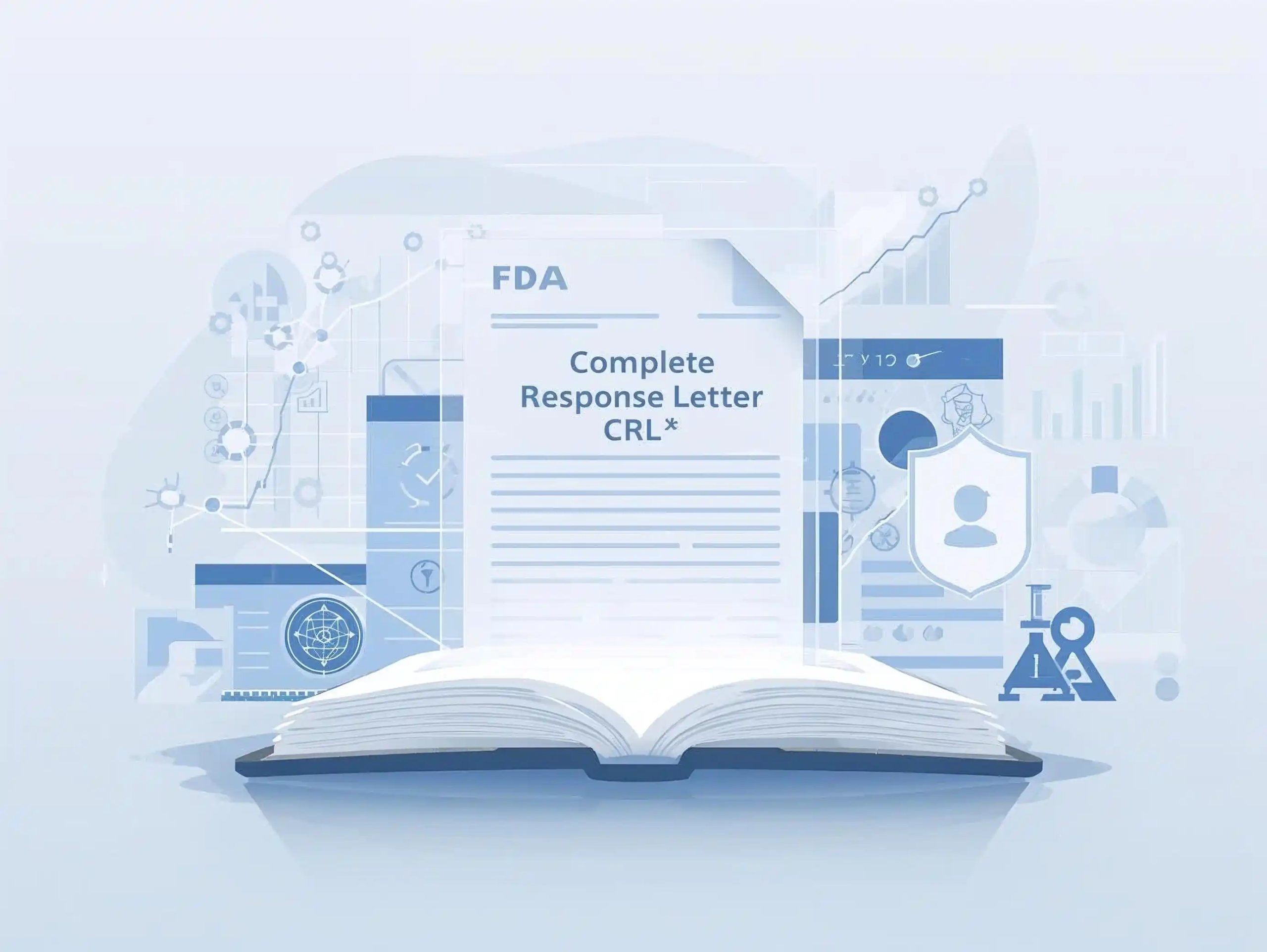 An FDA Complete Response Letter emerging from an open book, surrounded by abstract scientific charts and data graphics symbolizing insights, transparency, and regulatory learning.