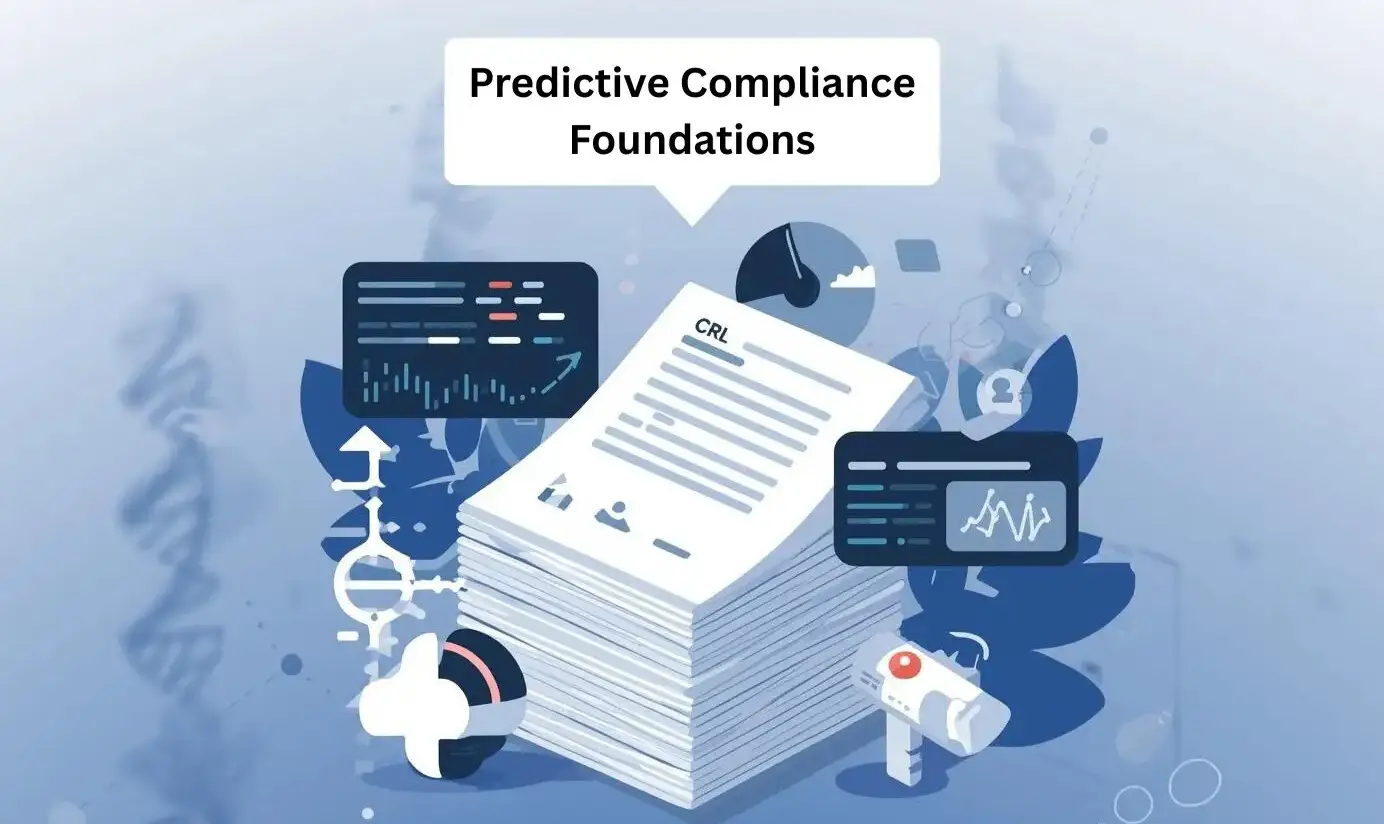 NuMantra Predictive Compliance Foundations illustration featuring a stack of FDA CRL documents surrounded by data analytics dashboards, graphs, and faint DNA strands on a blue background.