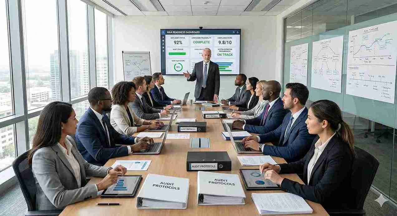 Biotech regulatory and operations team reviewing compliance documentation and due-diligence dashboards in a modern conference room, highlighting data traceability, submission lineage, and acquisition readiness.
