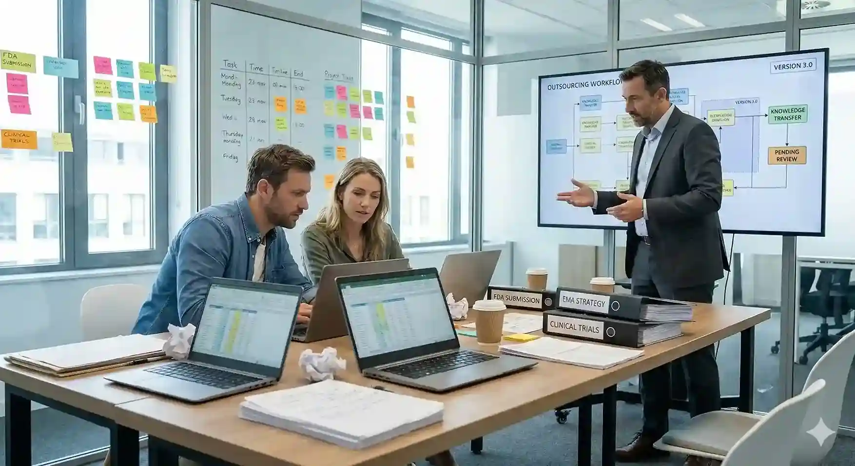 Biotech regulatory team meeting with an external consultant in a modern office, reviewing FDA submission documents, outsourcing workflows, and project timelines on a large screen. Laptops, binders labeled FDA Submission, EMA Strategy, and Clinical Trials, plus sticky-note planning boards are visible around the room.