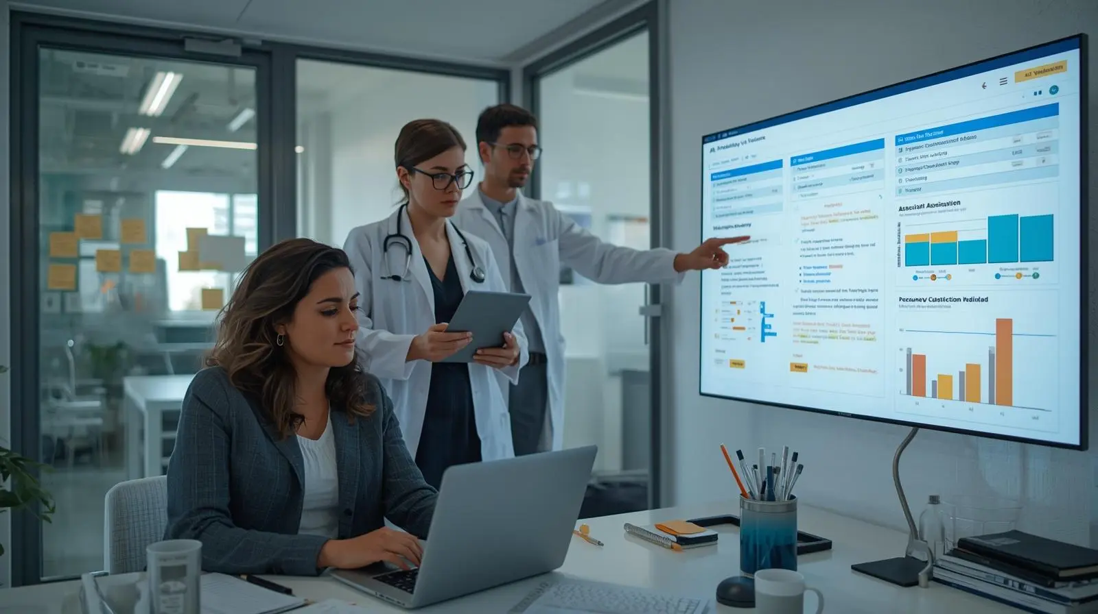 Small biotech team reviewing regulatory documents and AI-powered dashboards in a modern office, analyzing FDA submission data on a large screen.