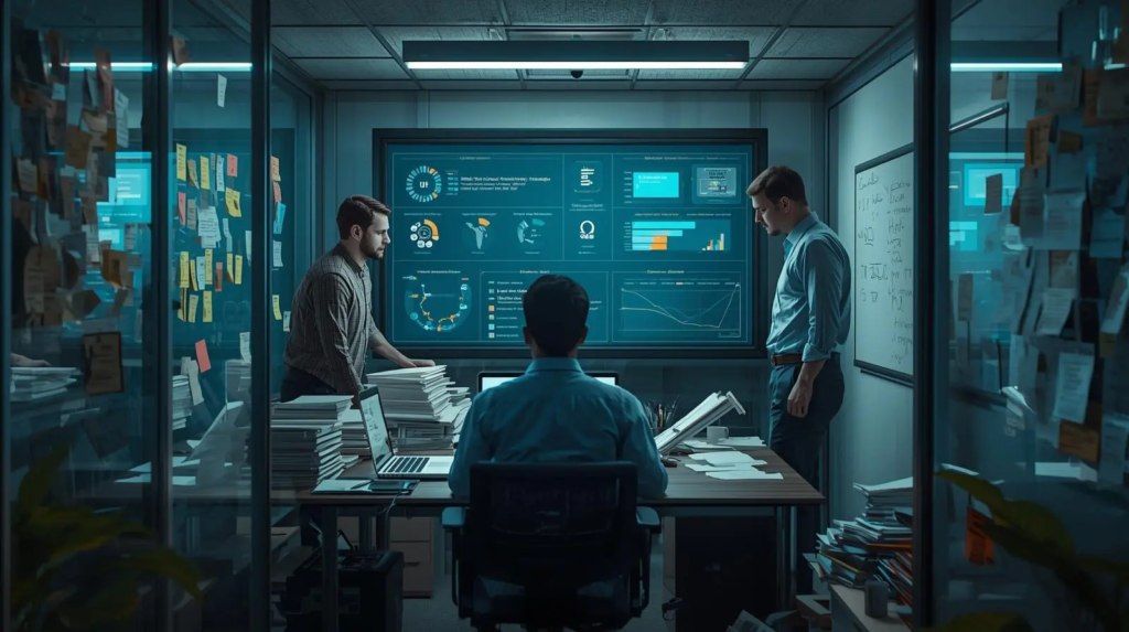 Biotech regulatory team working late in a small office, surrounded by documents and analyzing complex submission data on a large digital dashboard.