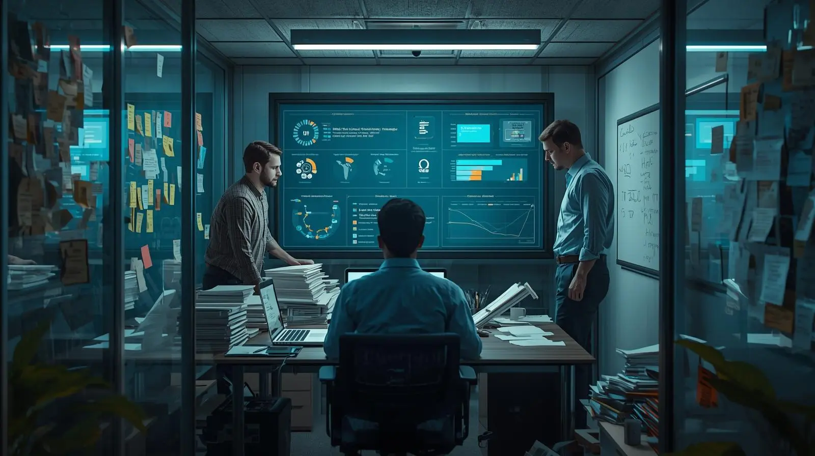 Biotech regulatory team working late in a small office, surrounded by documents and analyzing complex submission data on a large digital dashboard.