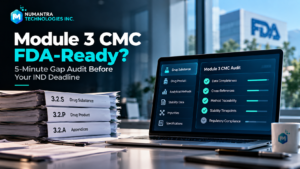 Checklist graphic showing five Module 3 CMC gap checks to complete before an FDA IND submission deadline