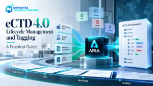 eCTD 4.0 lifecycle management and tagging workflow showing ARIA connecting regulatory documents, manufacturing data, stability data, and CDMO systems with New, Replace, Delete, and Append operations for structured regulatory submissions.